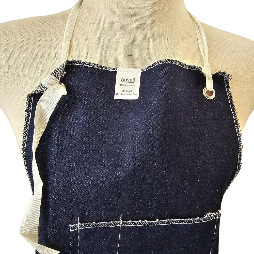 Ansell Multi-Purpose Blue Denim Apron 28W x 37L Adjust Neck Tie Waist Pocket NEW
